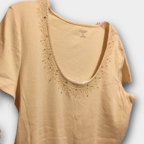 Sonoma Sequin Stud Embroidery Layered Front Butter Yellow Short Sleeve Tee VGUC - Picture 7 of 9